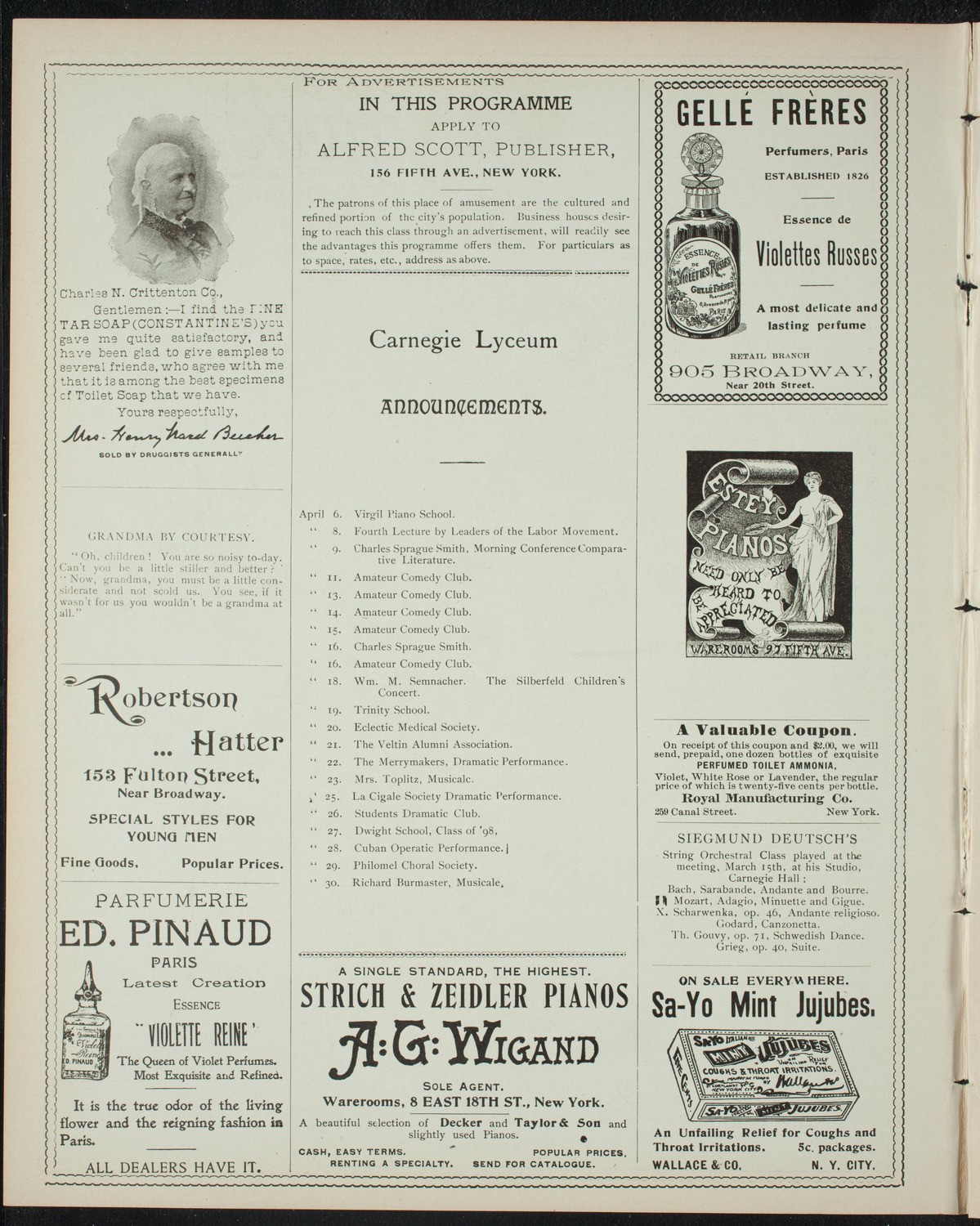 Benefit: Mrs. Percy West and Percita, April 2, 1898, program page 2