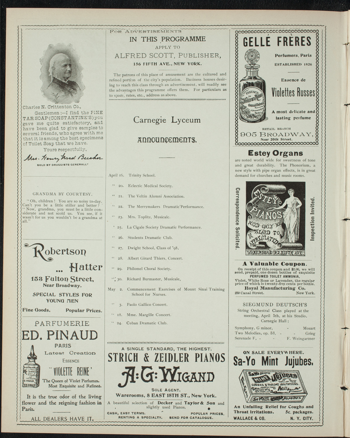 Benefit: Bessie and Mamie Silberfeld, April 18, 1898, program page 2