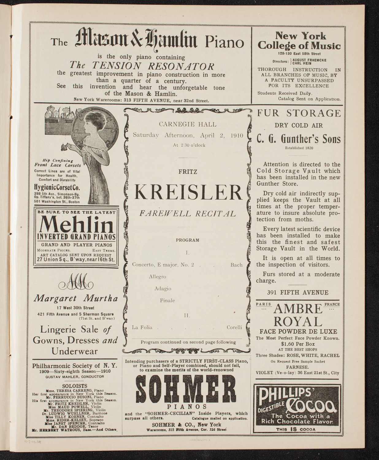 Fritz Kreisler, Violin, April 2, 1910, program page 5