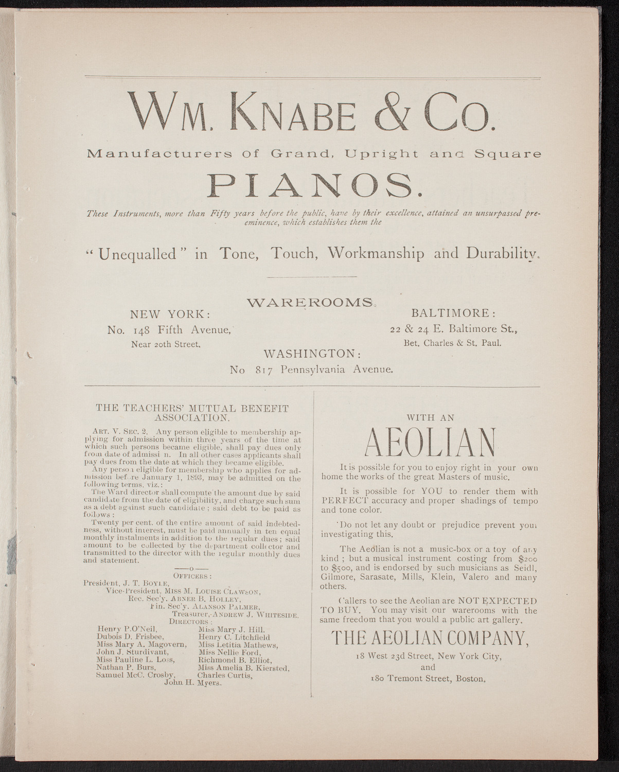 Benefit: Teachers' Mutual Benefit Association, May 6, 1892, program page 3