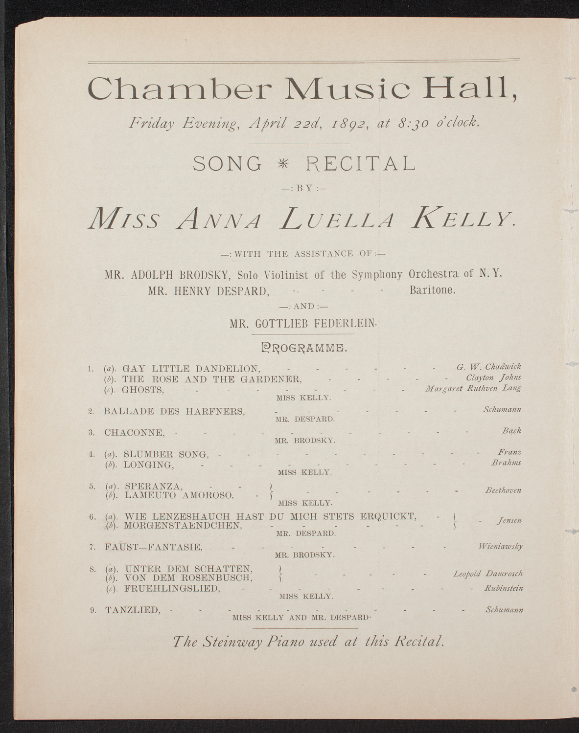 Anna Luella Kelly, April 22, 1892, program page 6