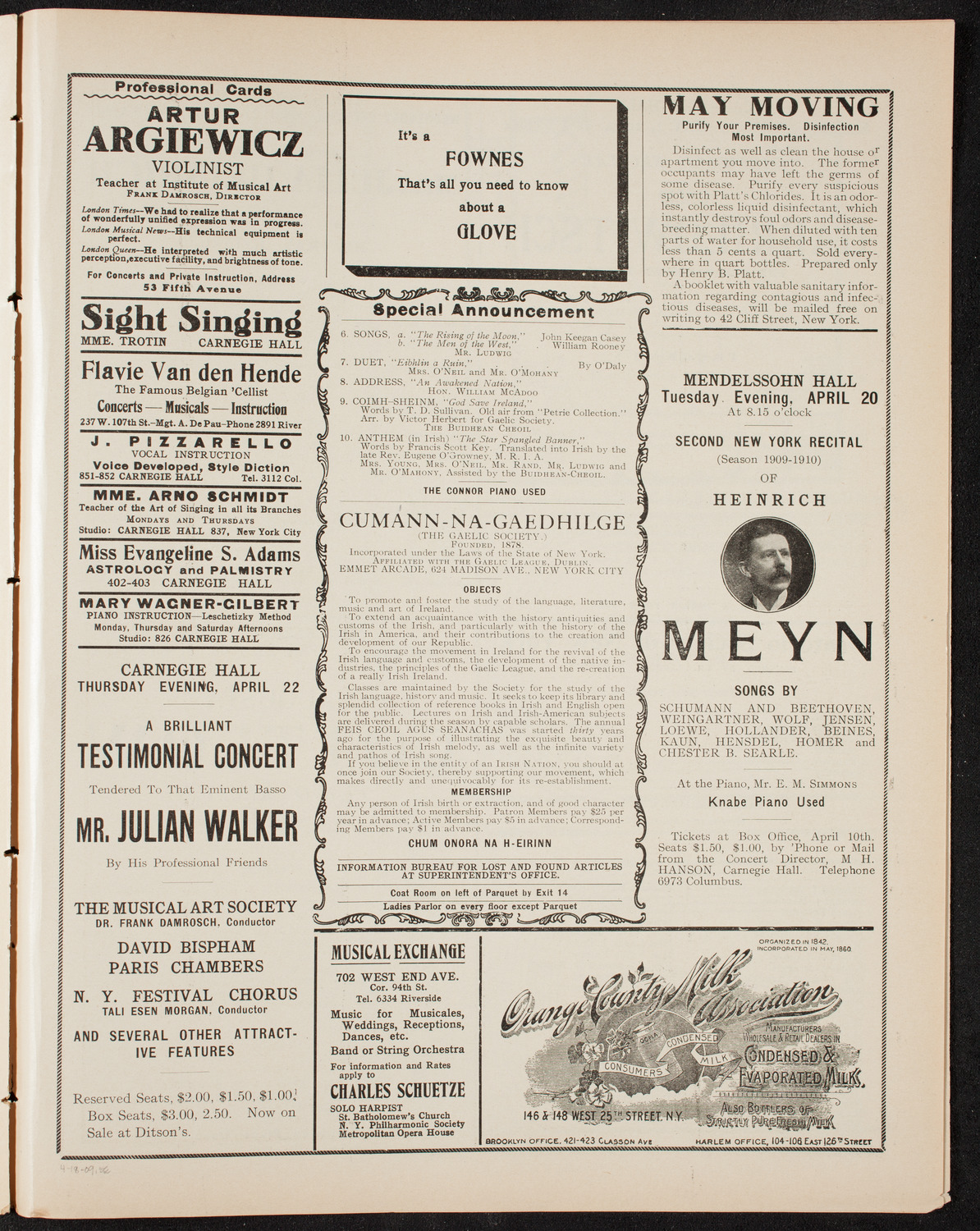 Gaelic Society: Feis Ceoil Agus Seanachas, April 18, 1909, program page 9