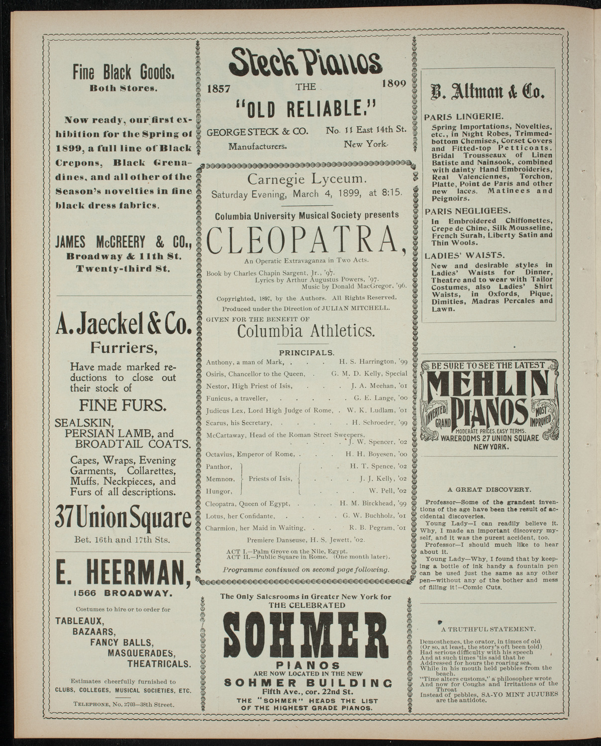 Columbia University Musical Society, March 4, 1899, program page 4