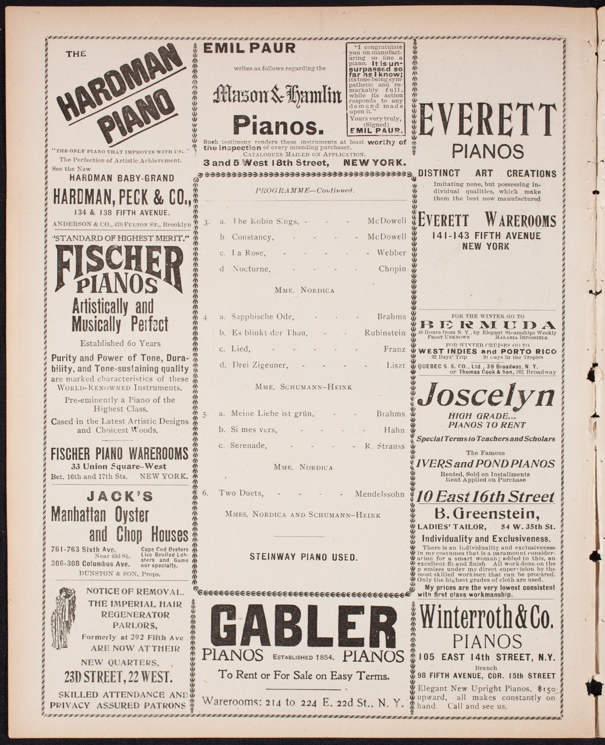 Lillian Nordica, Soprano, and Ernestine Schumann-Heink, Contralto, February 1, 1900, program page 6