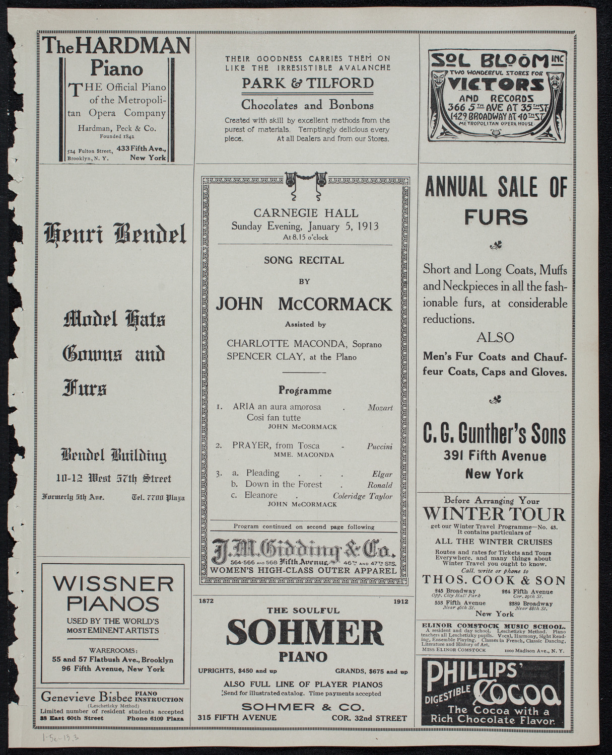 John McCormack, Tenor, January 5, 1913, program page 5