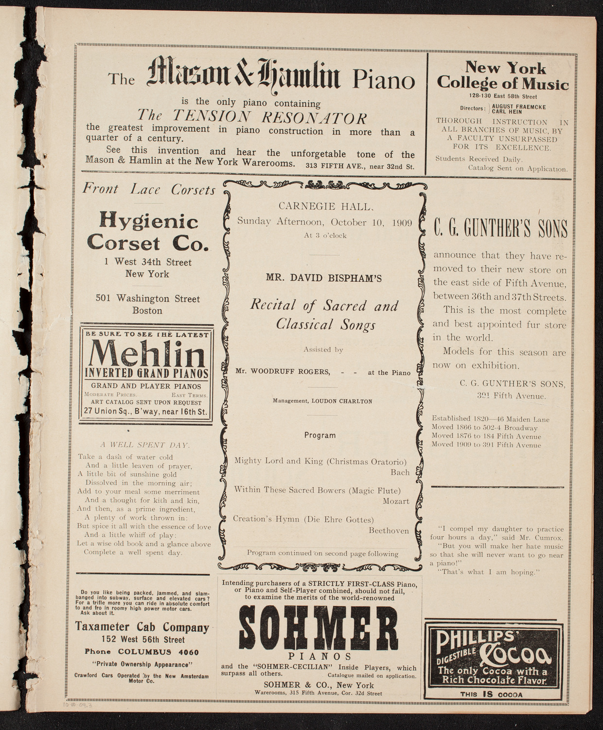 David Bispham, Baritone, October 10, 1909, program page 5