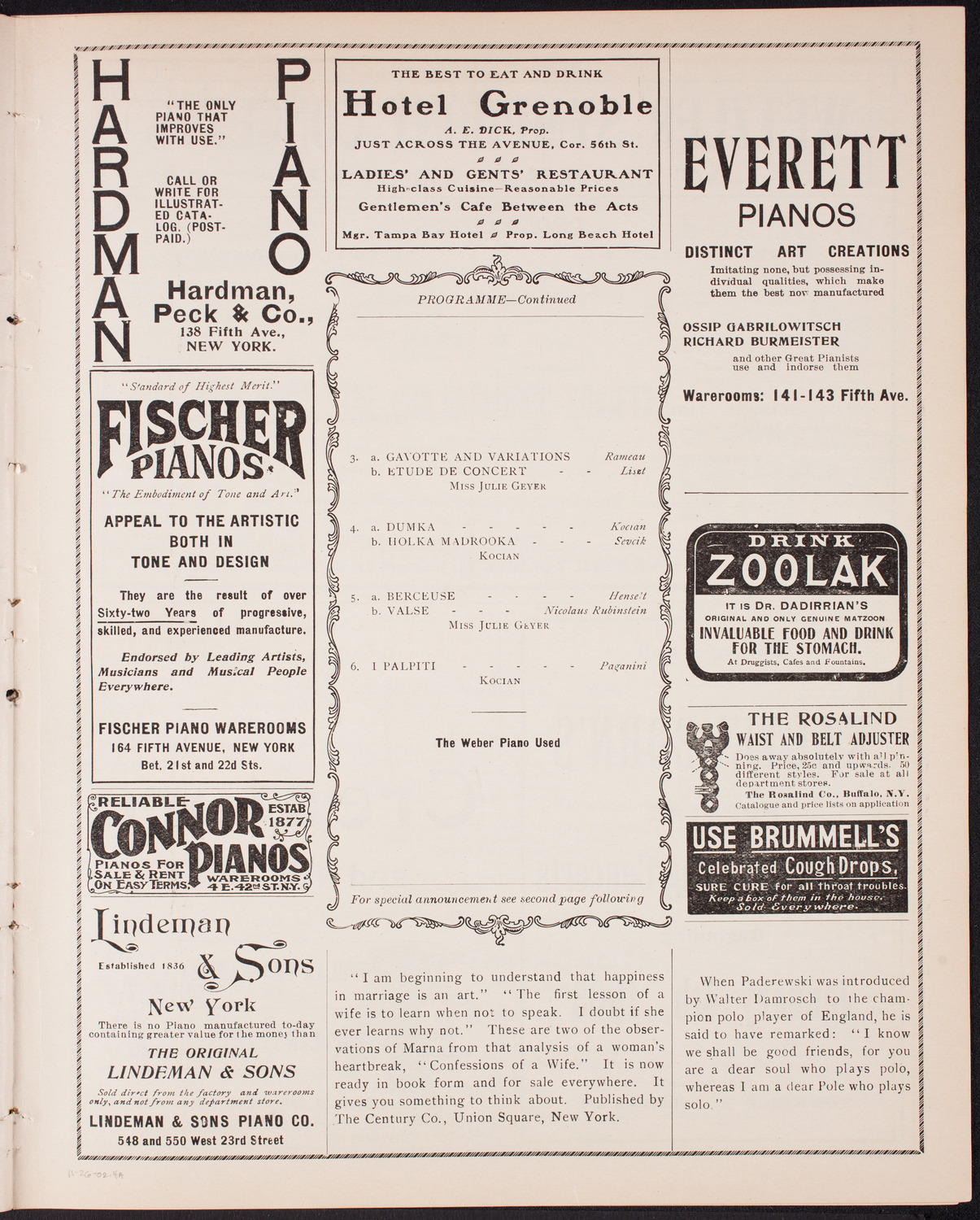 Jaroslav Kocian with Julie Geyer, November 26, 1902, program page 7