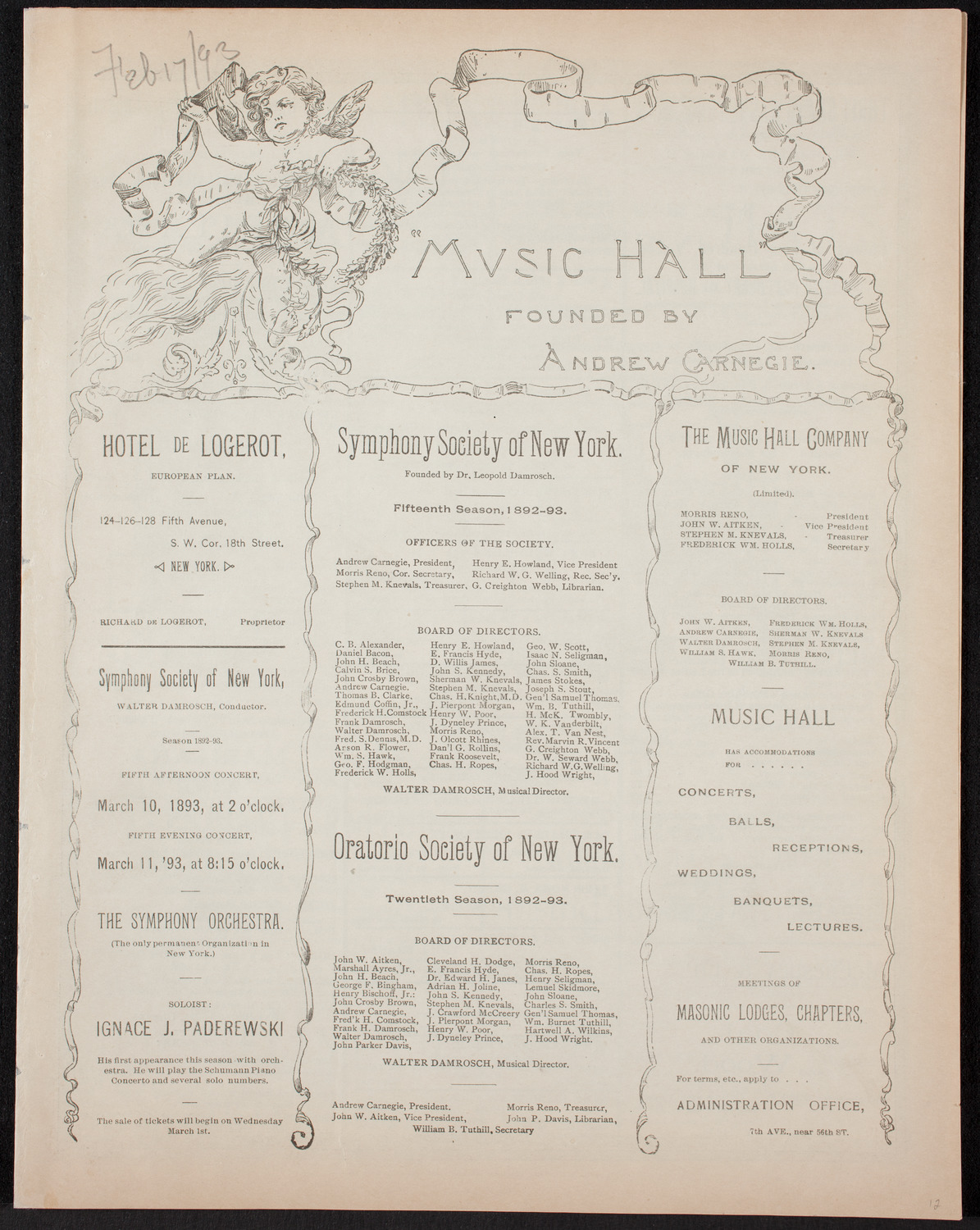 New York Symphony Orchestra, February 17, 1893, program page 1