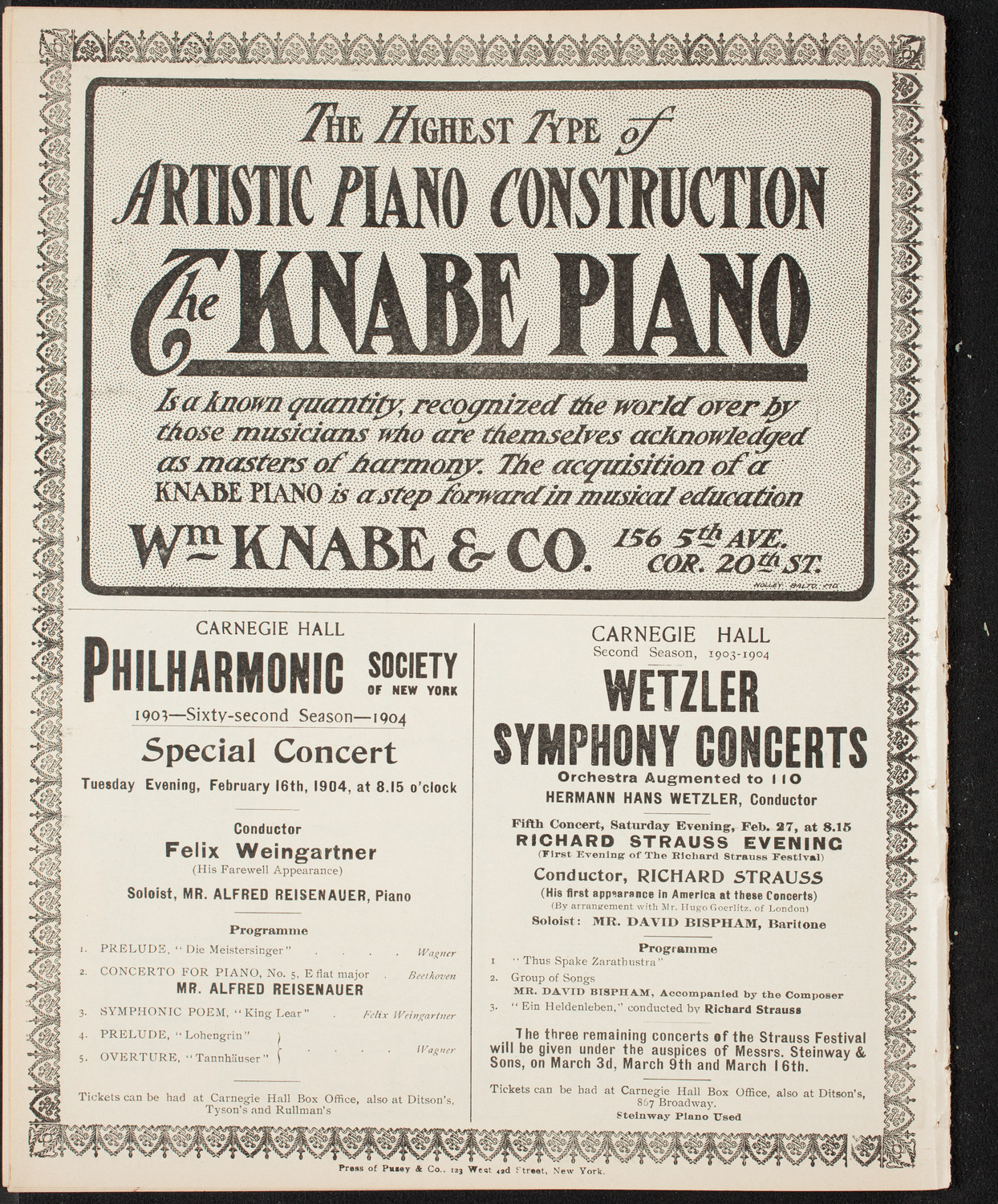 Susan Metcalfe, Soprano, David Bispham, Baritone, Jacques Thibaud, Violin, Pablo Casals, Cello, and Felix Weingartner, Piano, February 15, 1904, program page 12