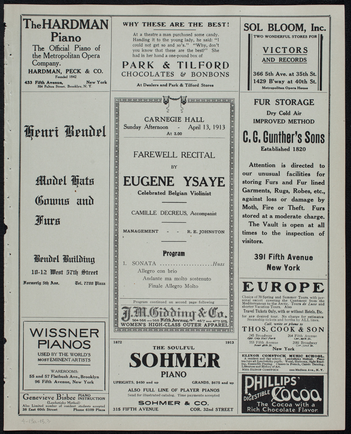 Eugène Ysaÿe, Violin, April 13, 1913, program page 5