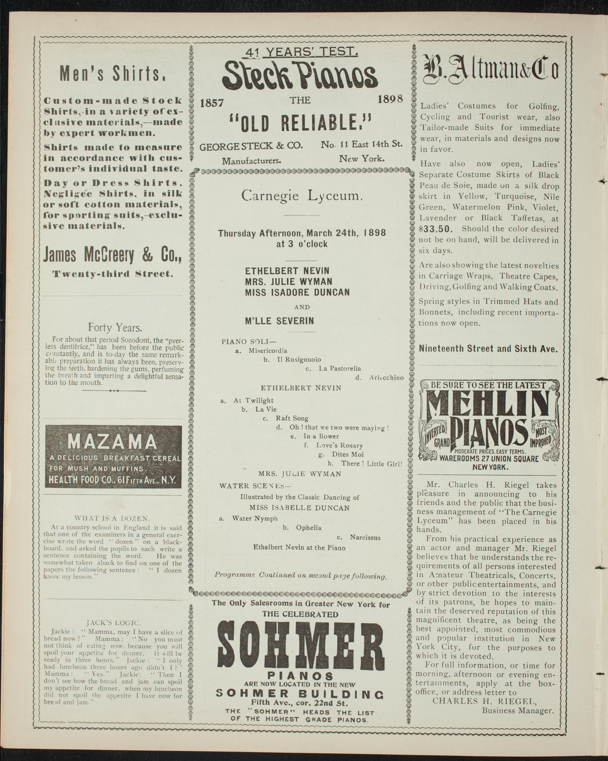 Ethelbert Nevin/ Julie Wyman/ Isadora Duncan, March 24, 1898, program page 4