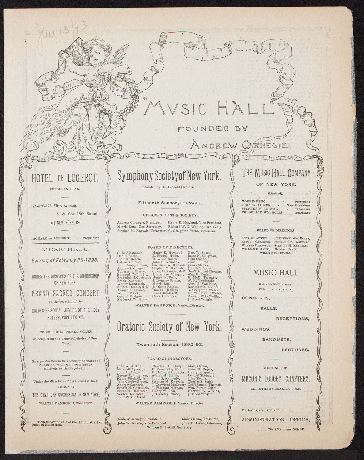 Schimidt-Herbert String Quartet, January 13, 1893, program page 1