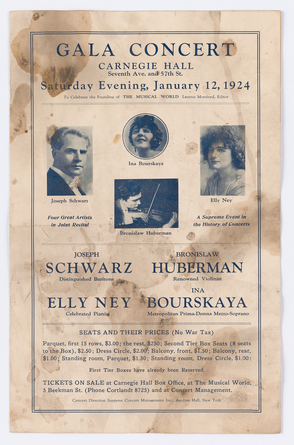 Ina Bourskaya, Elly Ney, Bronislaw Huberman, and Joseph Schwarz, January 12, 1924