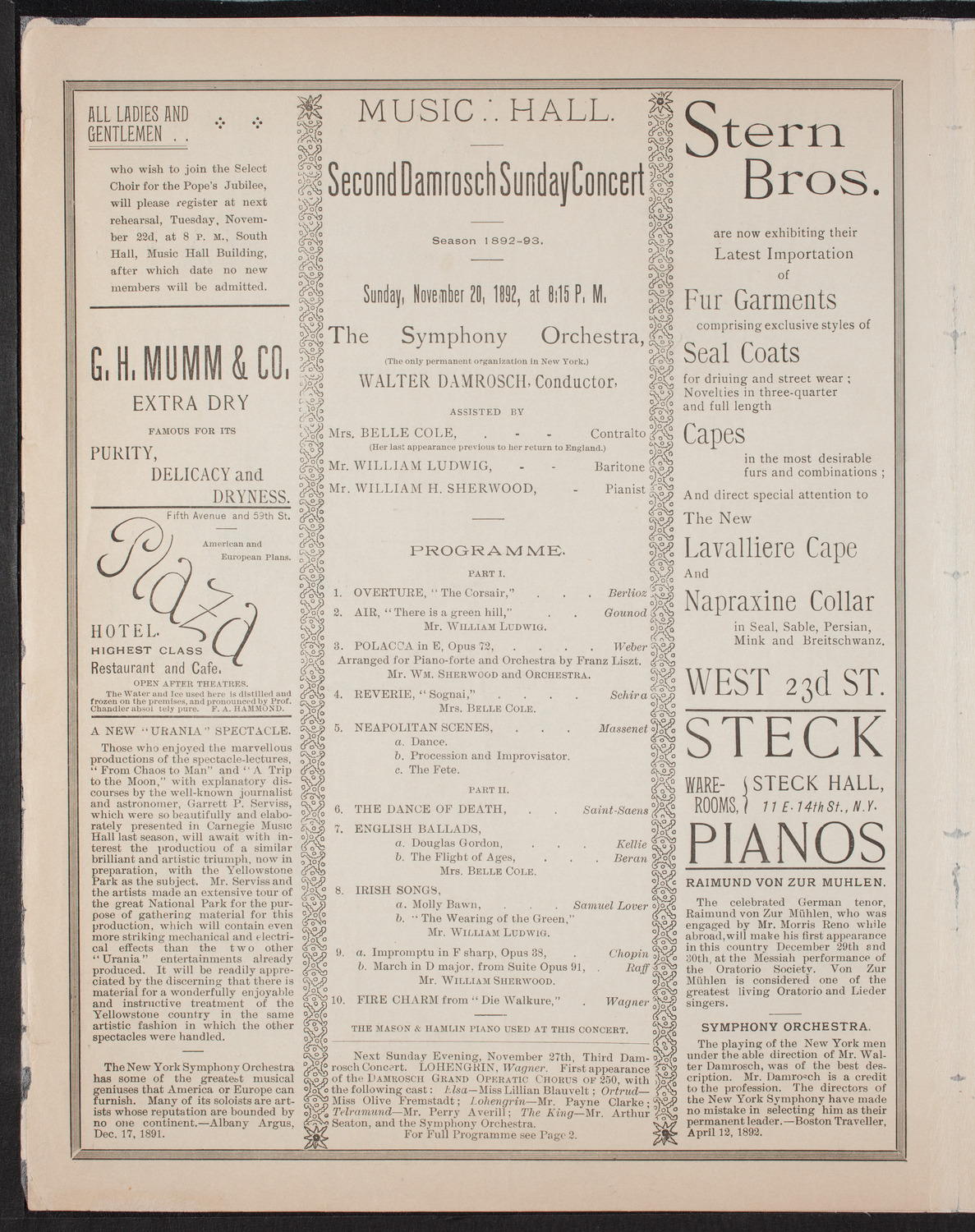 Damrosch Sunday Concert, November 20, 1892, program page 4