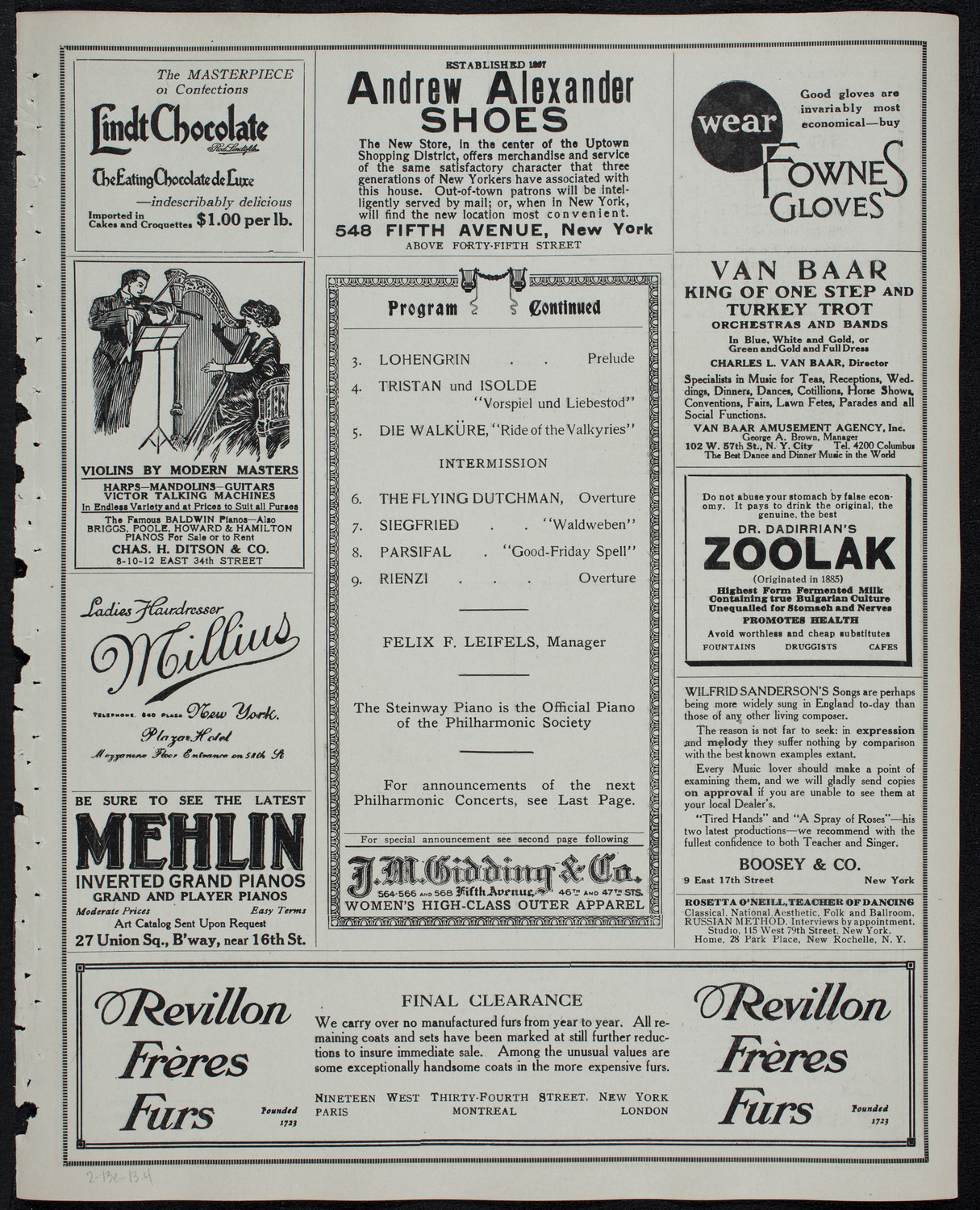 New York Philharmonic, February 13, 1913, program page 7