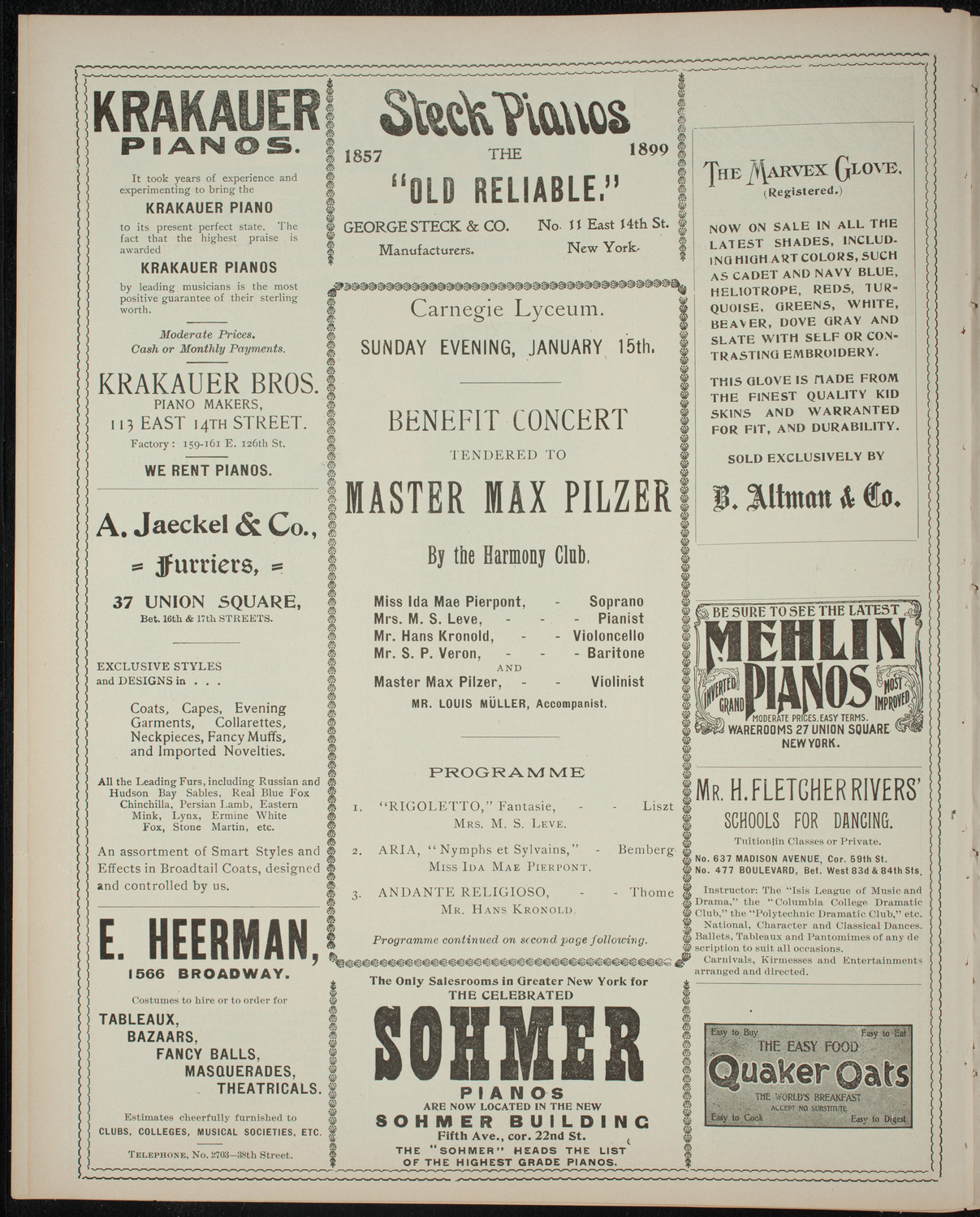 Benefit Concert for Master Max Pilzer, January 15, 1899, program page 4