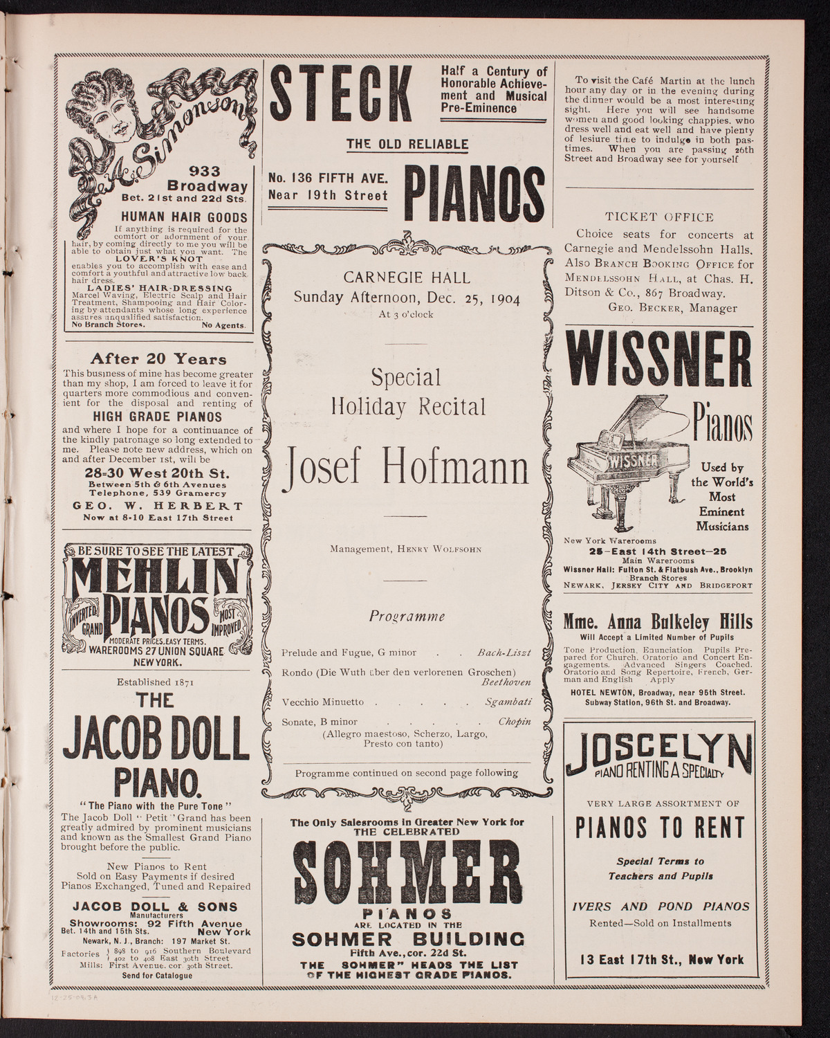 Josef Hofmann, Piano, December 25, 1904, program page 5