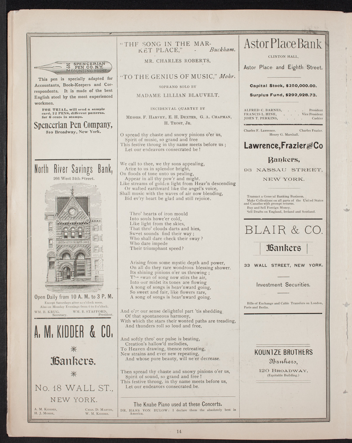 New York Banks' Glee Club, December 14, 1892, program page 14