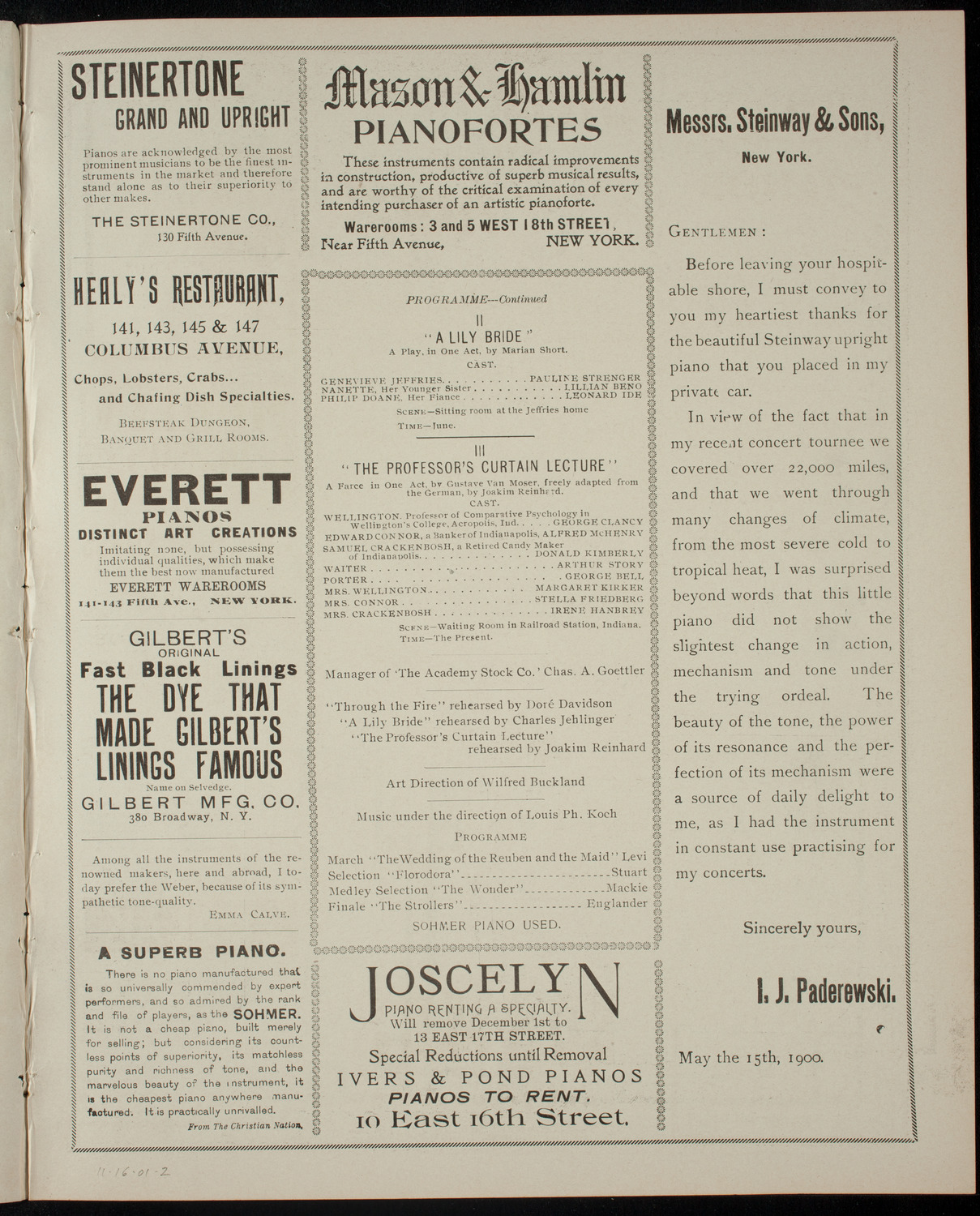 Academy Stock Company of the American Academy of Dramatic Arts and Empire Theatre Dramatic School, November 16, 1901, program page 3