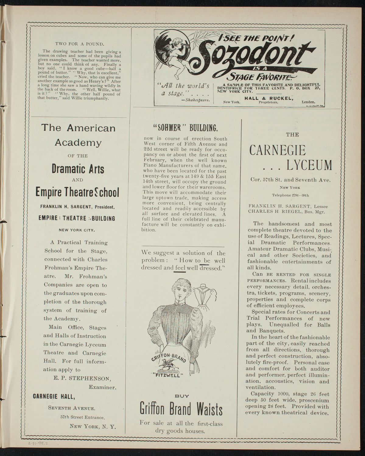 Performance by Senior Members of the American Academy of the Dramatic Arts, February 11, 1898, program page 3