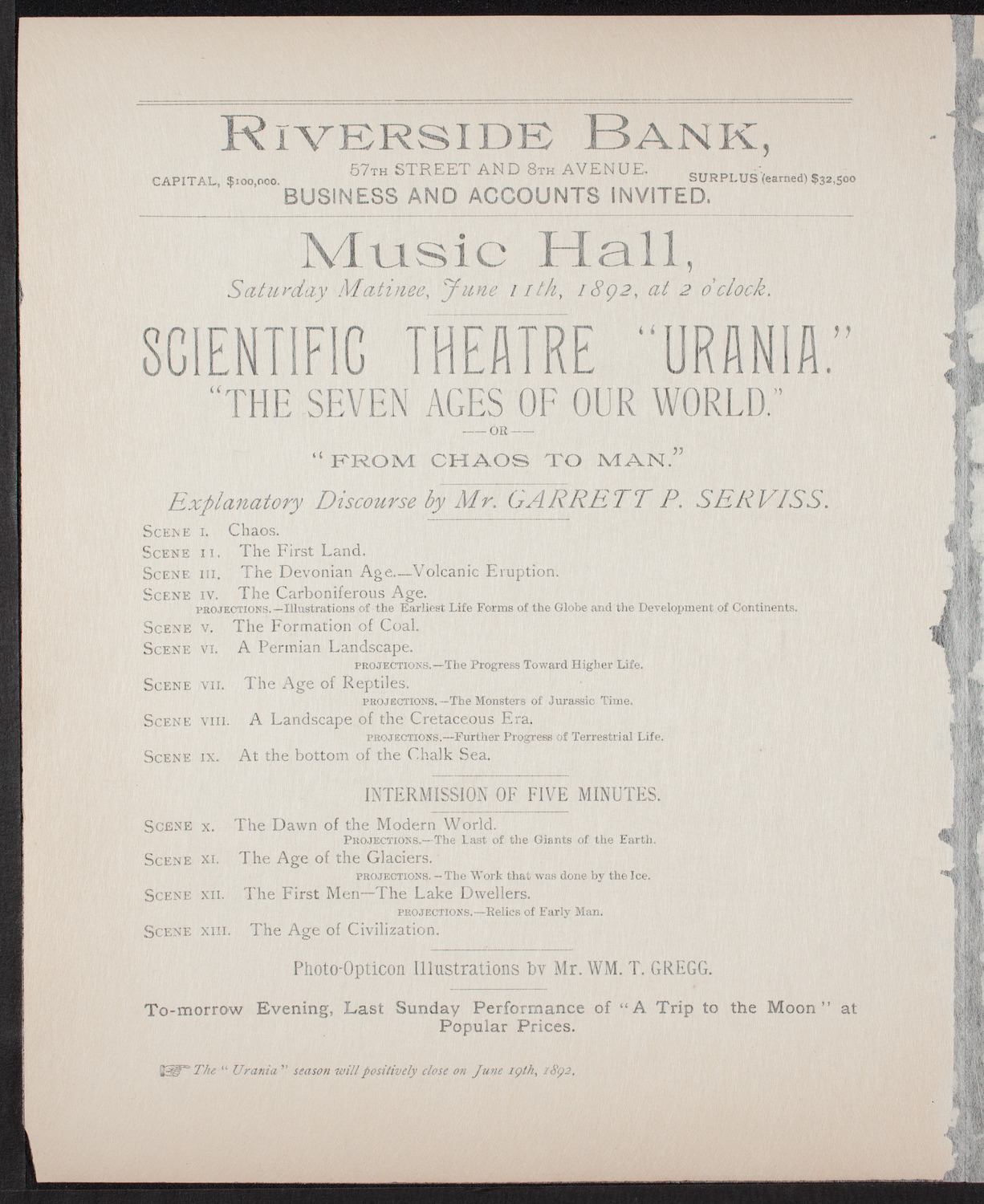 Urania Scientific Theatre, June 11, 1892, program page 2