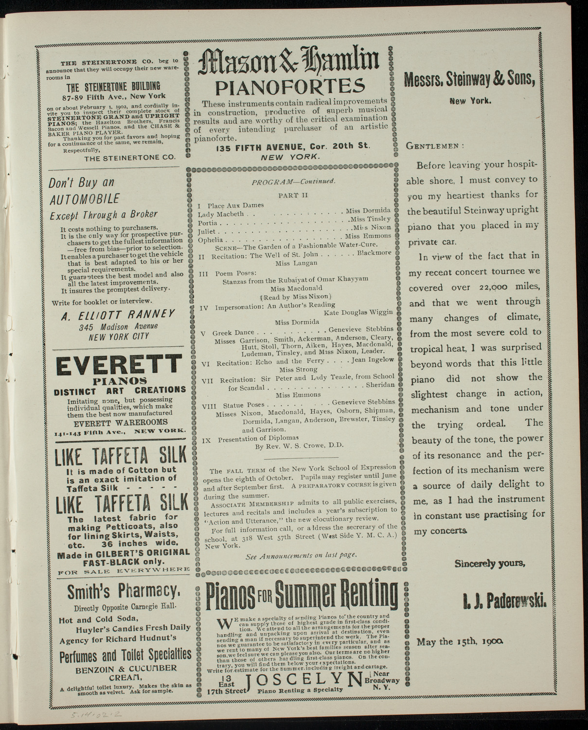 New York School of Expression Class of 1902 Commencement Exercises, May 14, 1902, program page 3