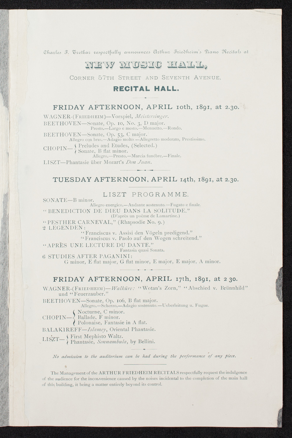 Arthur Friedheim, Piano, April 7, 1891, program page 3