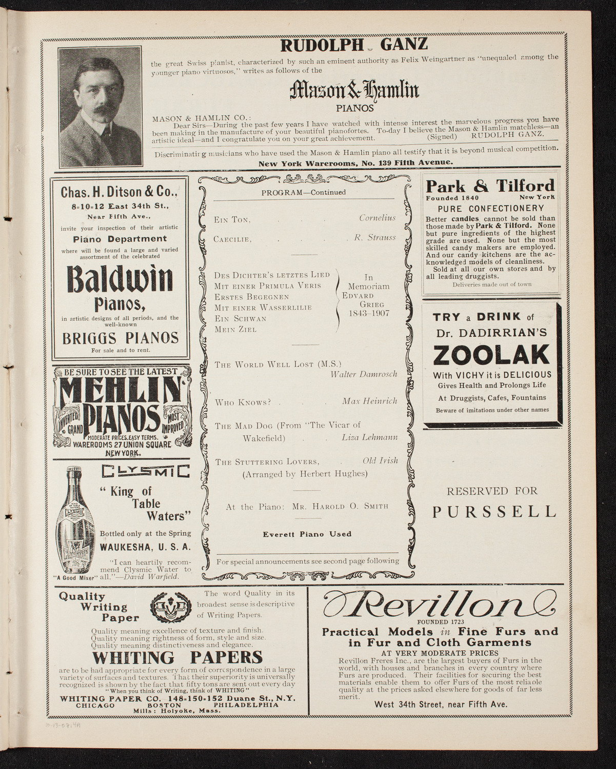 David Bispham, Baritone, October 13, 1907, program page 7