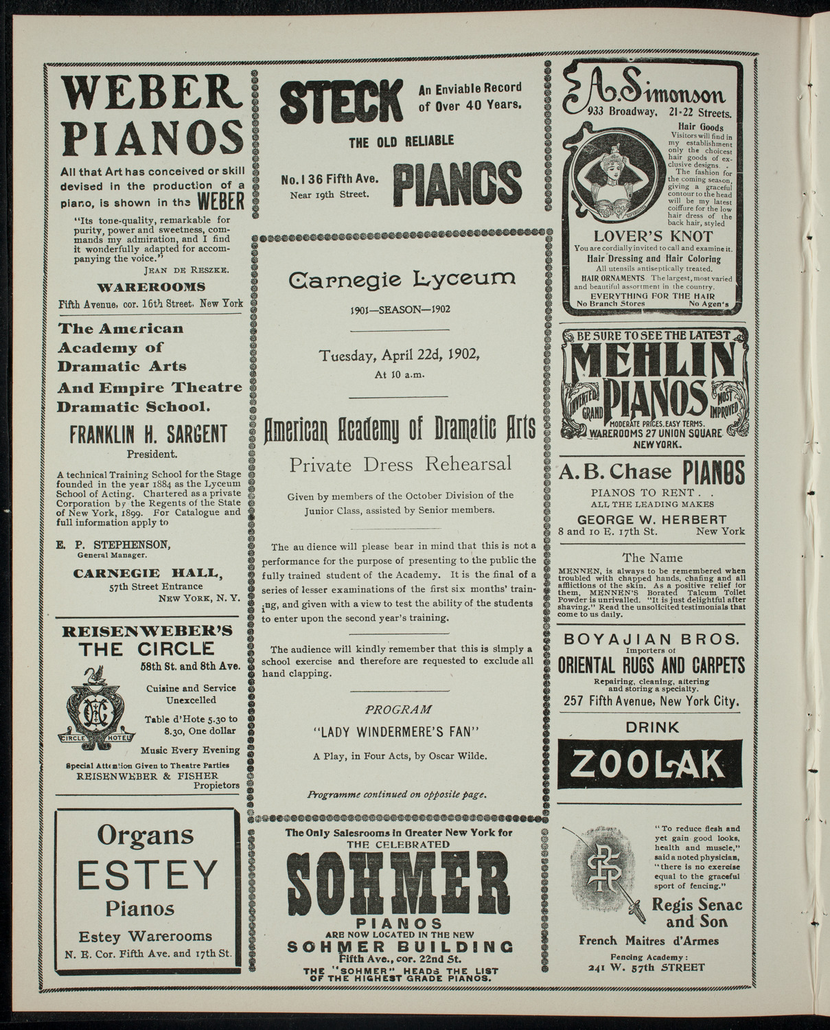 American Academy of the Dramatic Arts Private Dress Rehearsal, April 22, 1902, program page 2