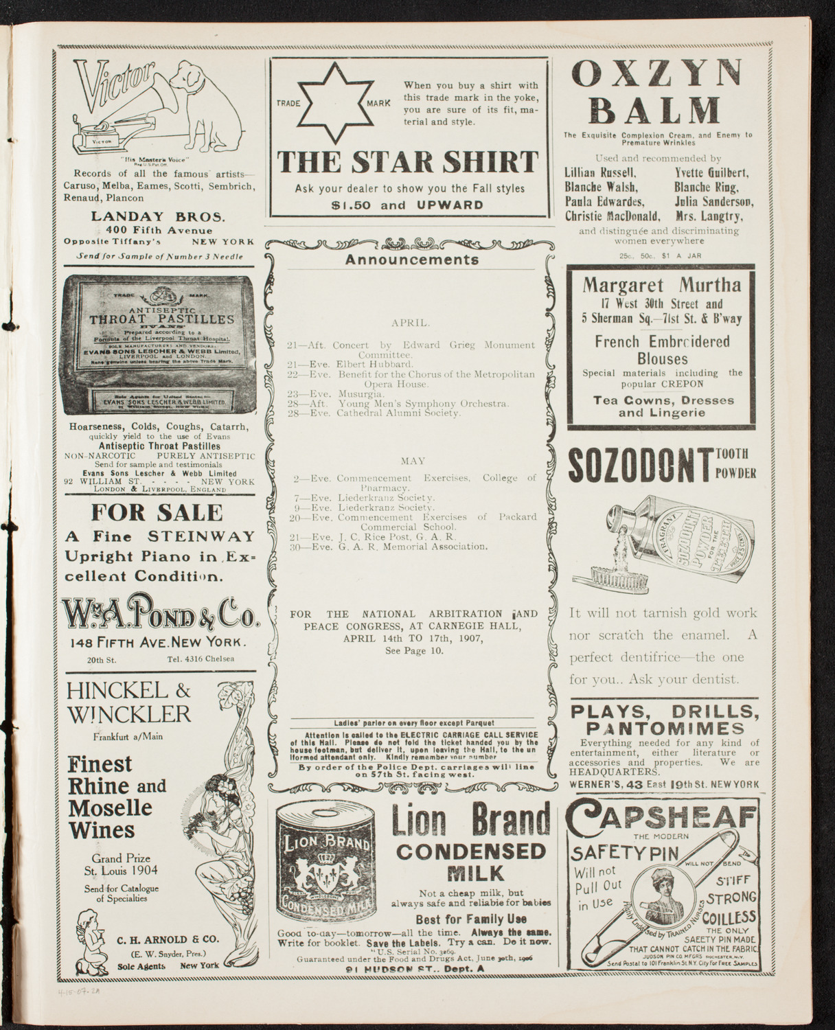 National Arbitration and Peace Congress, April 15, 1907, program page 3