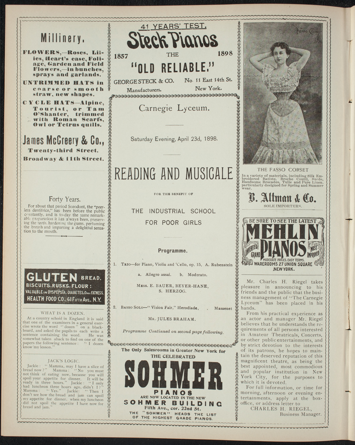 Reading and Musicale/ Benefit: Industrial School for Poor Girls, April 23, 1898, program page 4