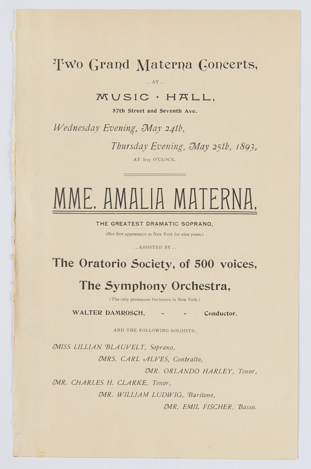 Amalia Materna/ New York Symphony Orchestra, May 1893