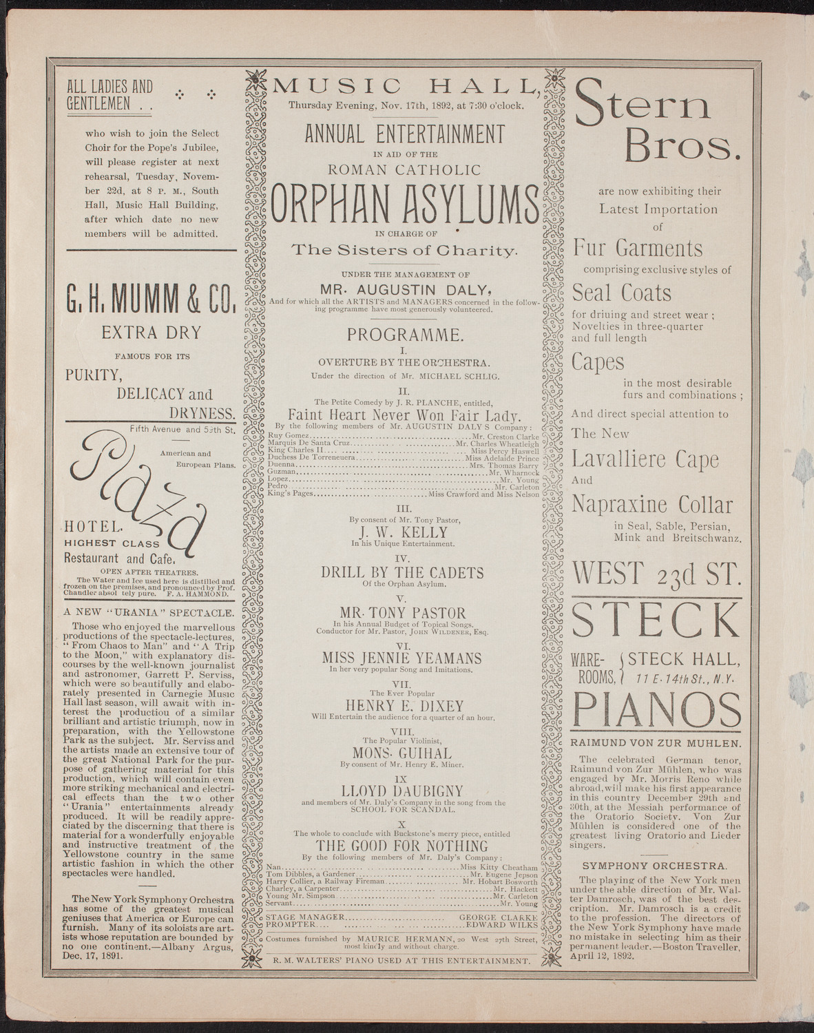 Benefit: Roman Catholic Orphan Asylums, November 17, 1892, program page 4