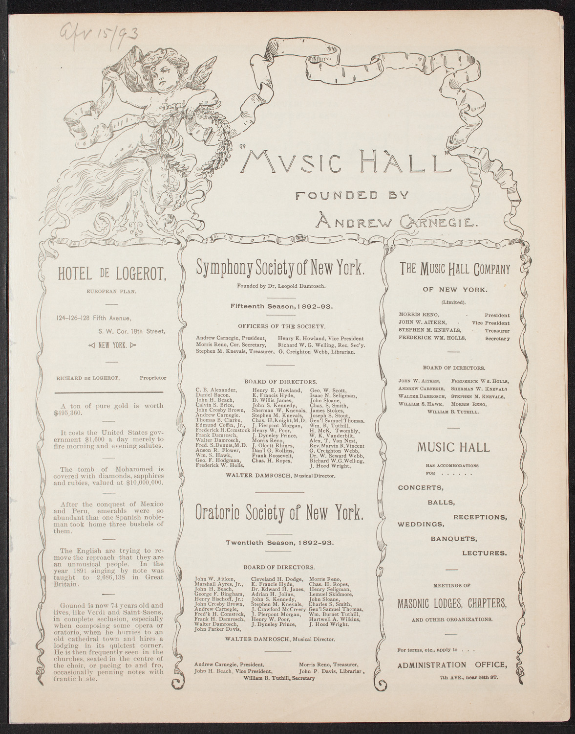 New York Symphony Orchestra, April 15, 1893, program page 1