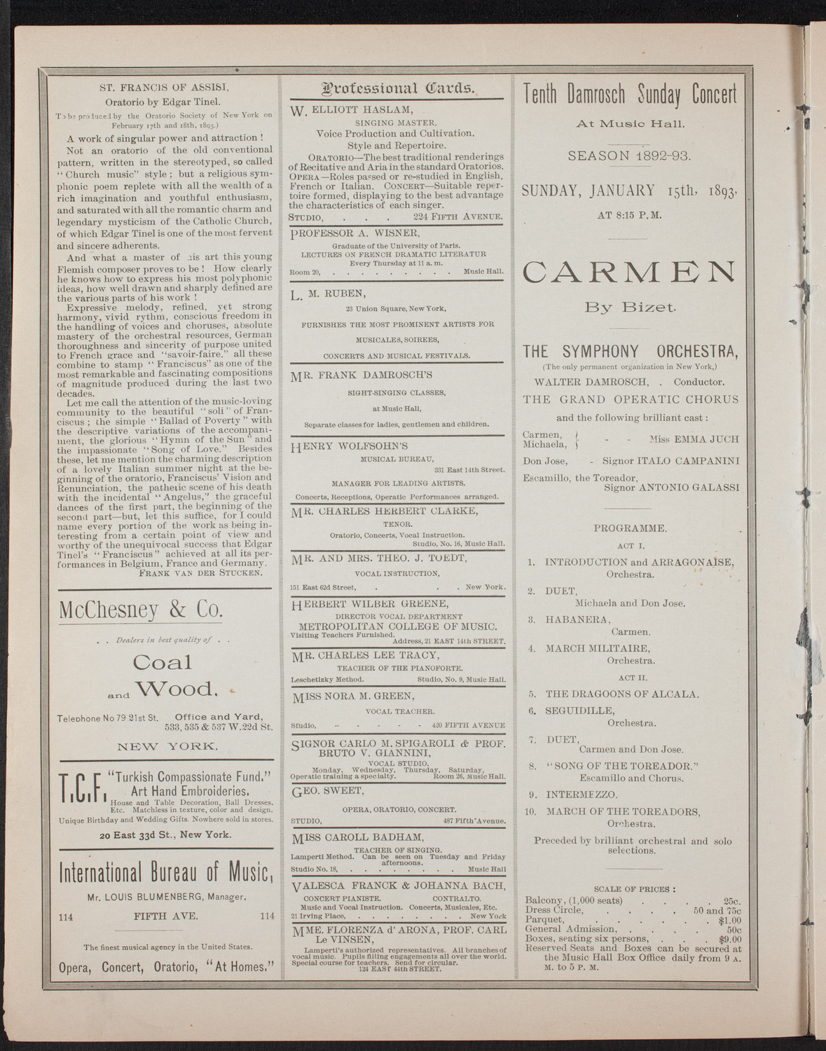Damrosch Sunday Concert, January 8, 1893, program page 2