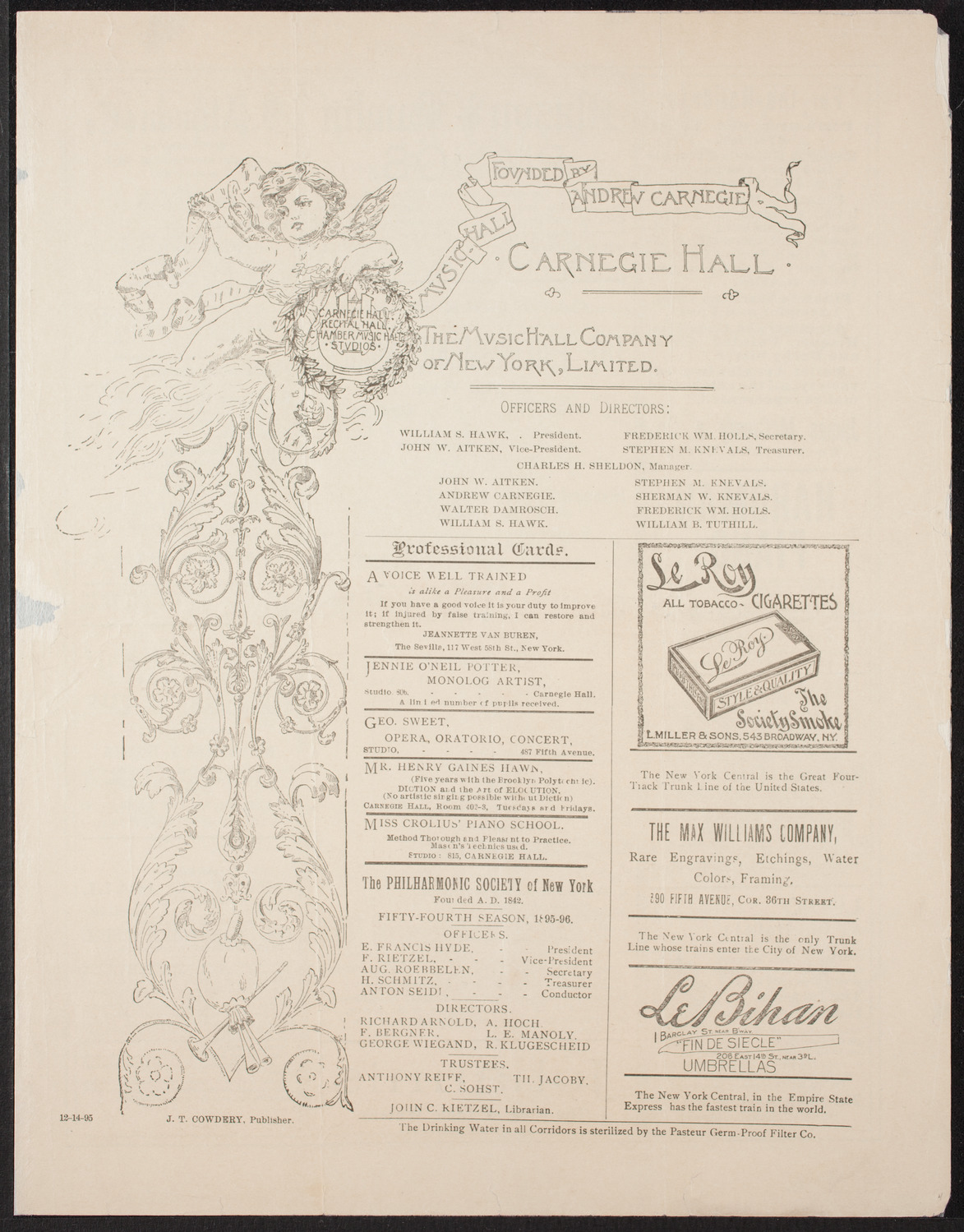New York Philharmonic, December 14, 1895, program page 1
