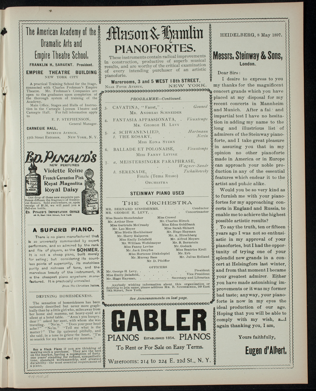 Concert of the String Orchestra Founded by the Pupils of Mr. Bernard Sinsheimer, April 18, 1900, program page 3
