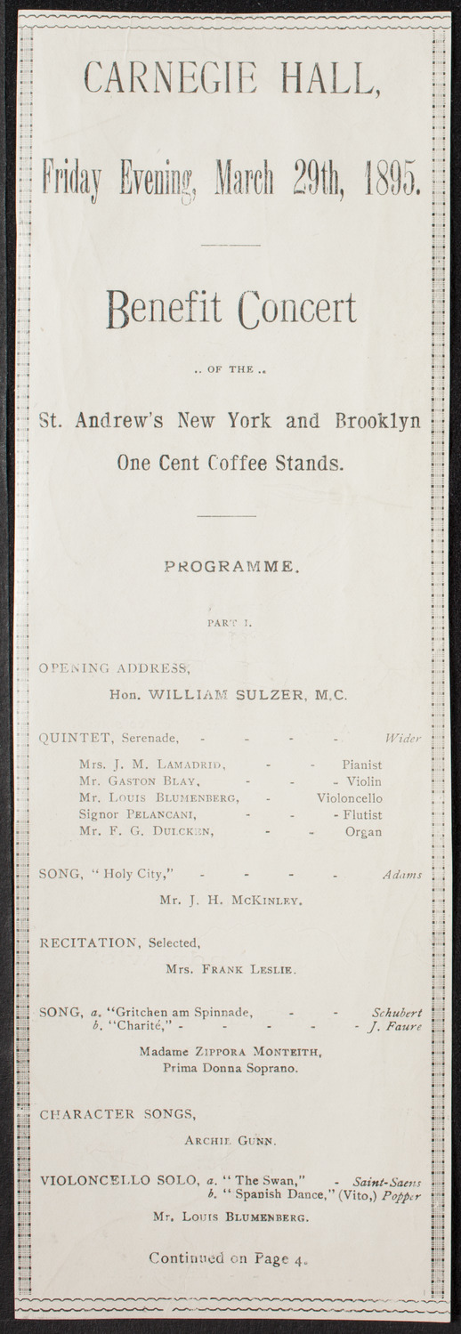 Benefit: St. Andrew's New York and Brooklyn One Cent Coffee Stands, March 29, 1895, program page 1
