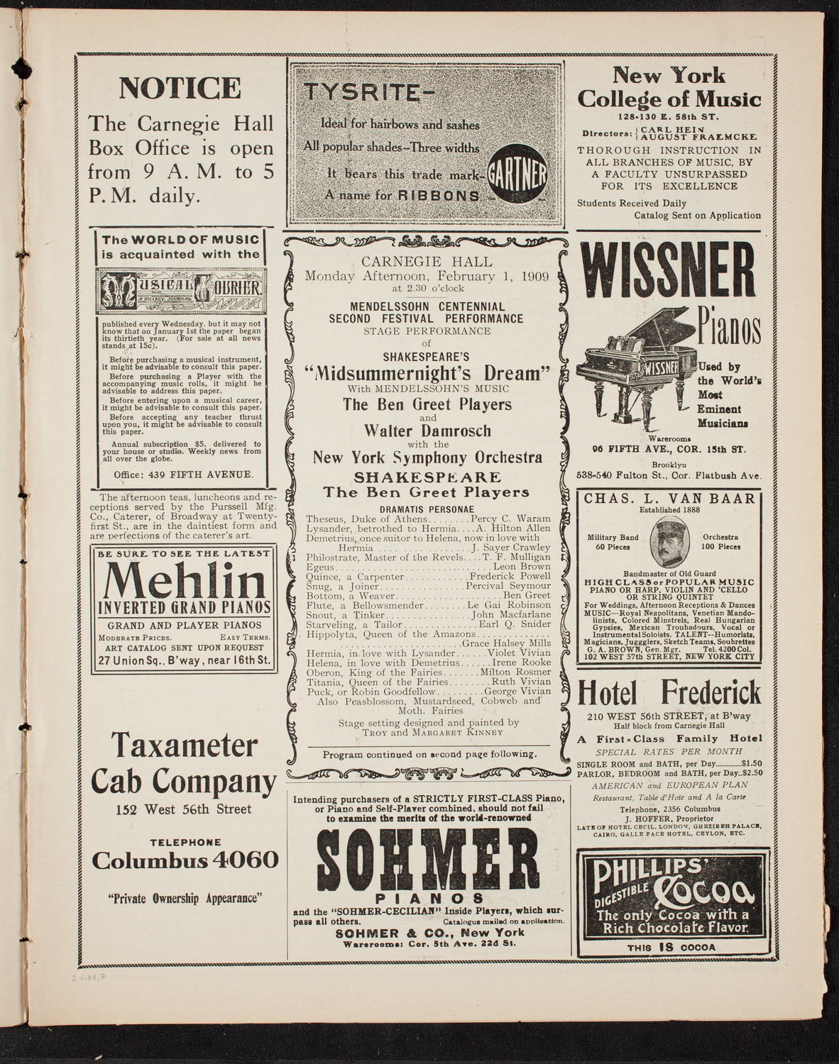 Ben Greet Players with New York Symphony Orchestra: Mendelssohn Centennial Festival, February 1, 1909, program page 5