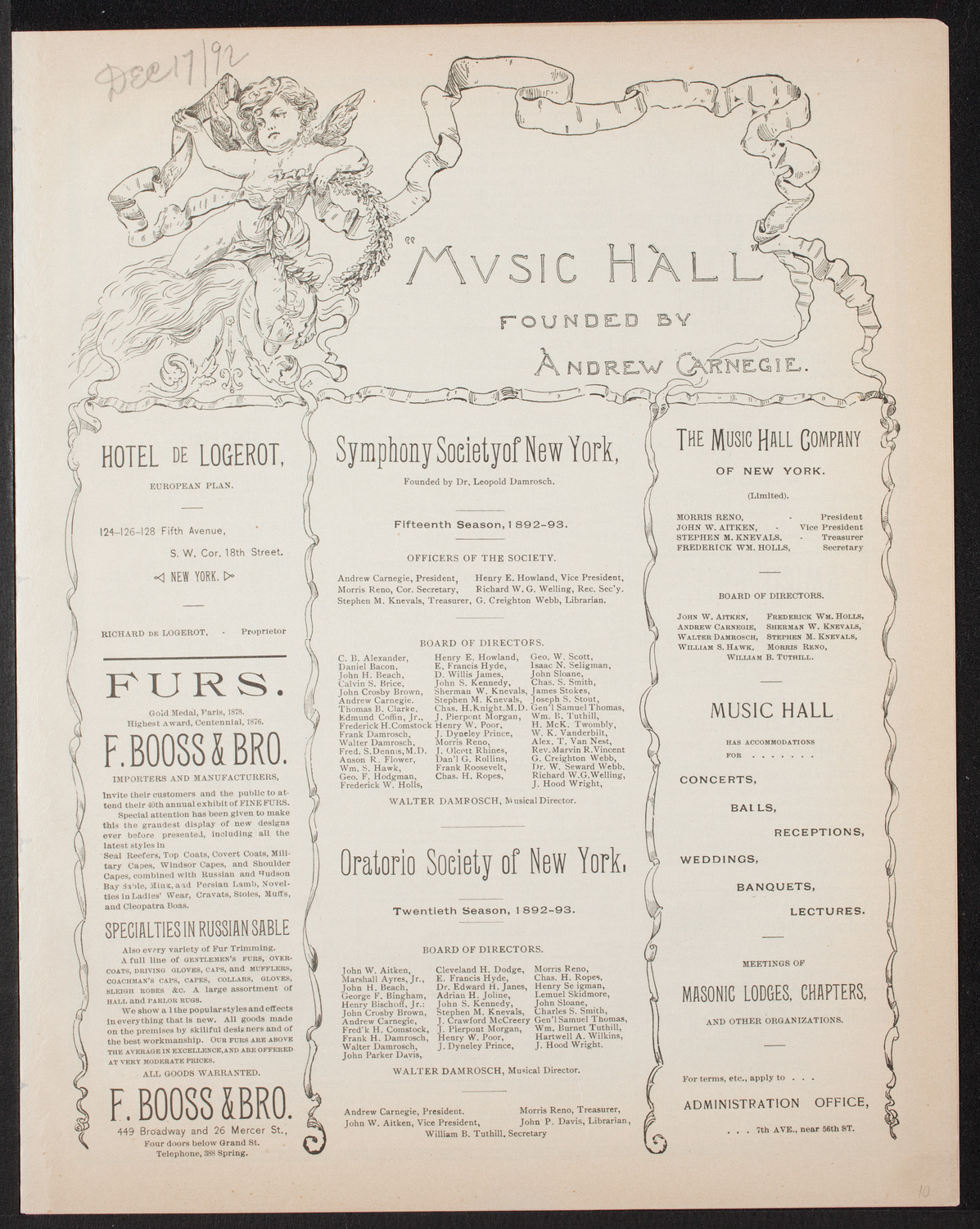 New York Philharmonic, December 17, 1892, program page 1