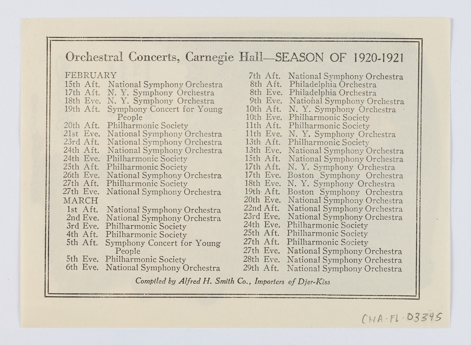 Djer-Kiss Cosmetics Orchestral Concert Schedules, 1921