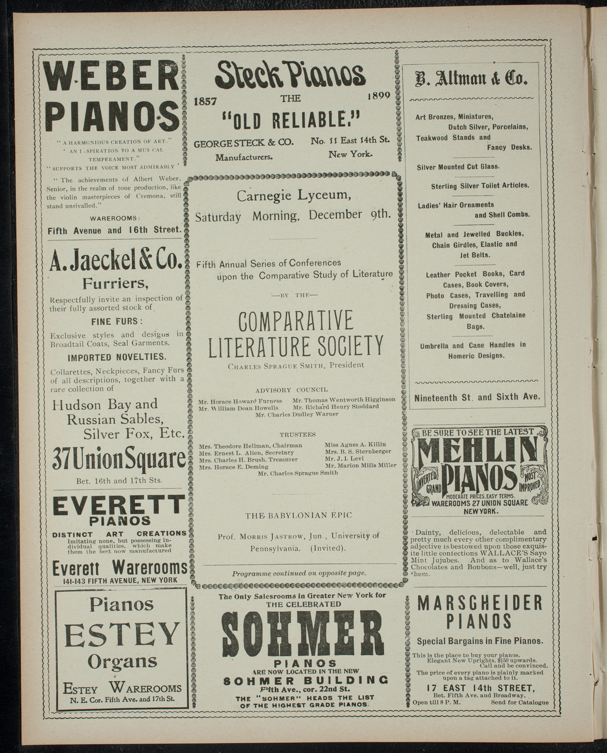 Comparative Literature Society, December 9, 1899, program page 2