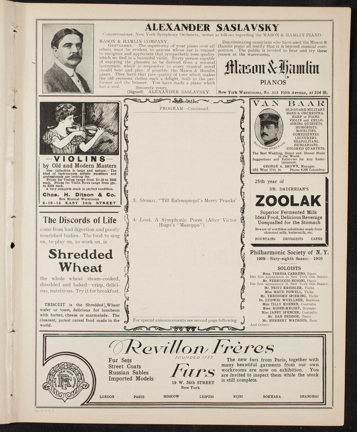 New York Philharmonic, November 5, 1909, program page 7