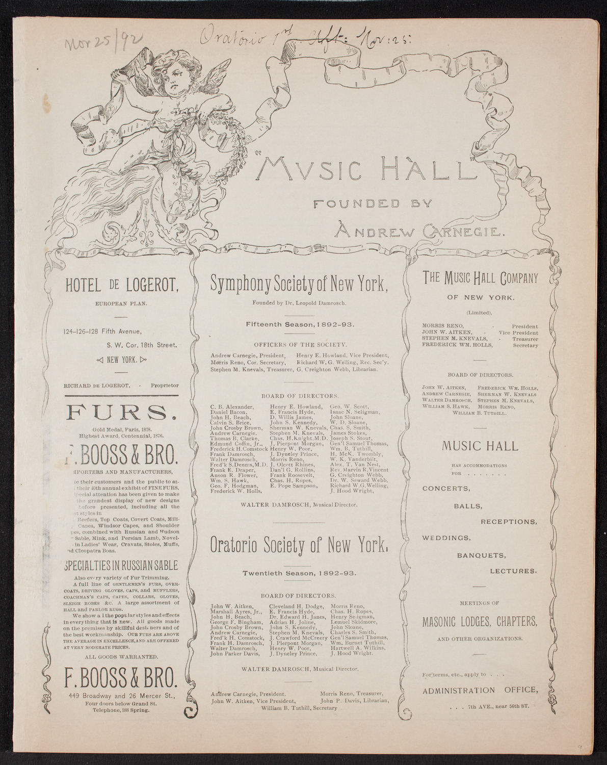 Oratorio Society of New York, November 25, 1892, program page 1