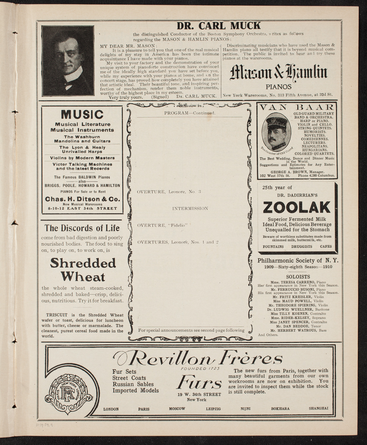 New York Philharmonic, November 19, 1909, program page 7