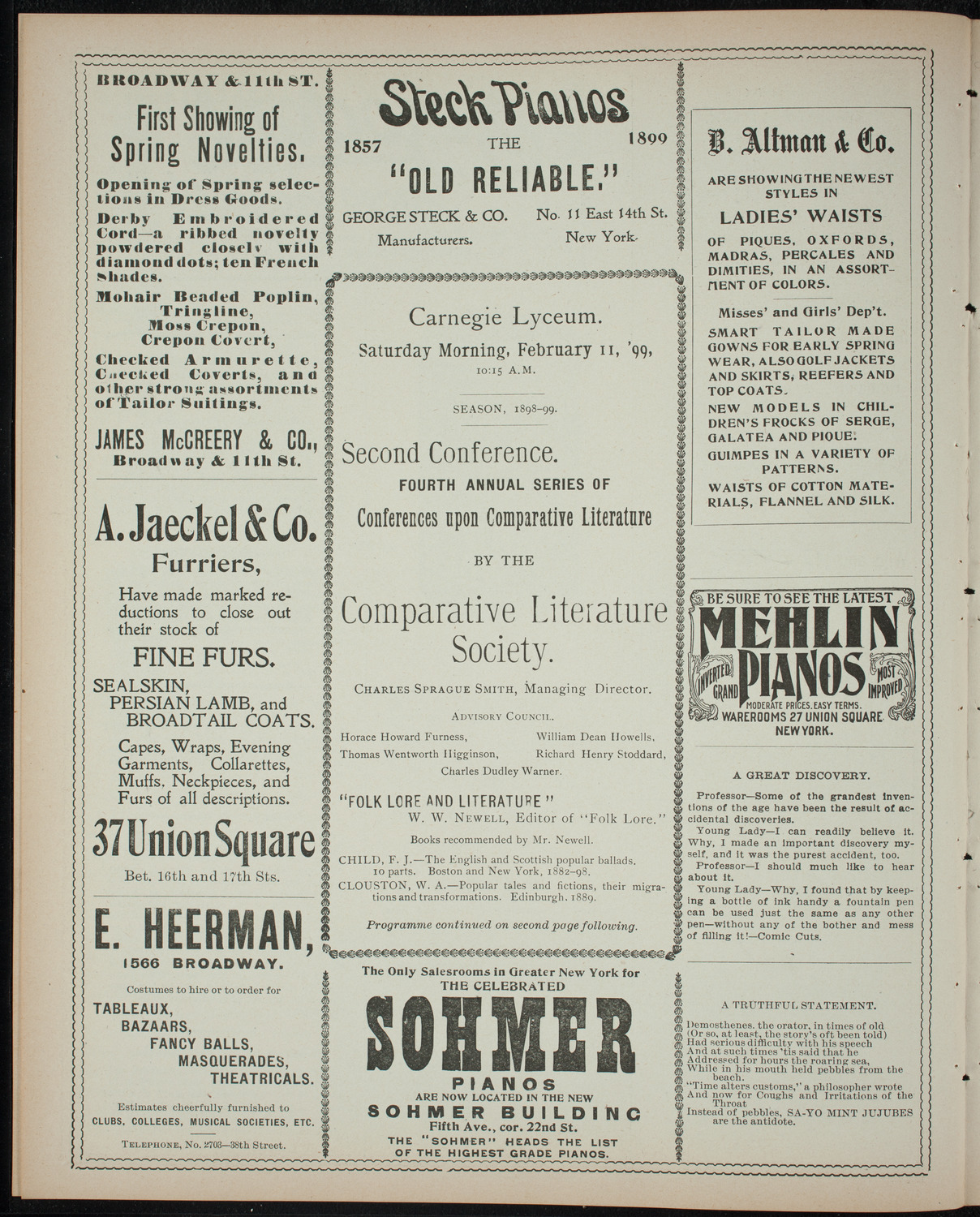Comparative Literature Society Saturday Morning Conference, February 11, 1899, program page 4