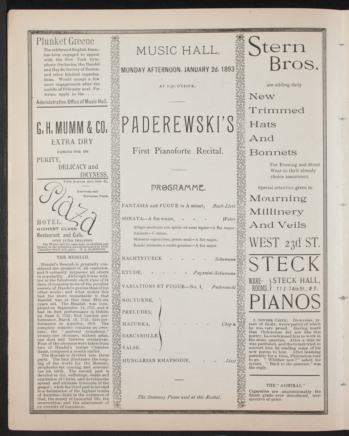 Ignacy Jan Paderewski, Piano, January 2, 1893, program page 4