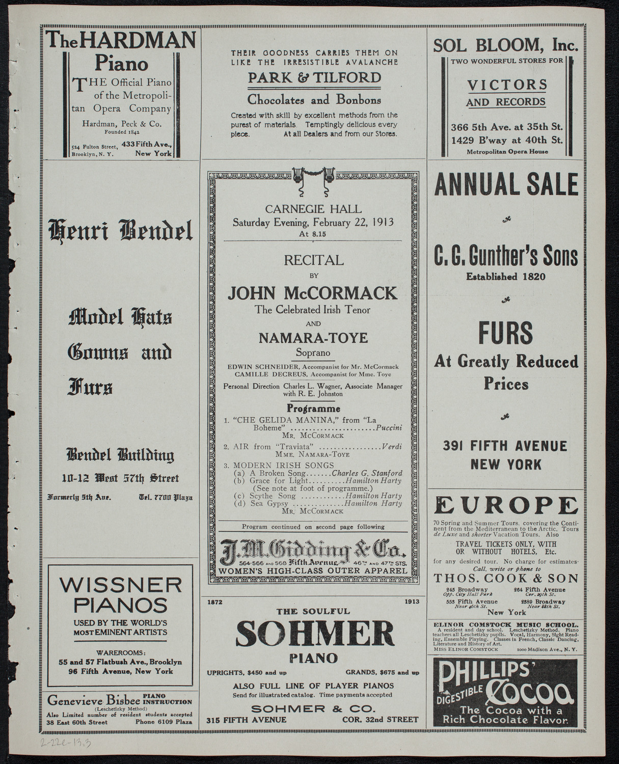 John McCormack, Tenor, with Marguerite Namara-Toye, Soprano, February 22, 1913, program page 5