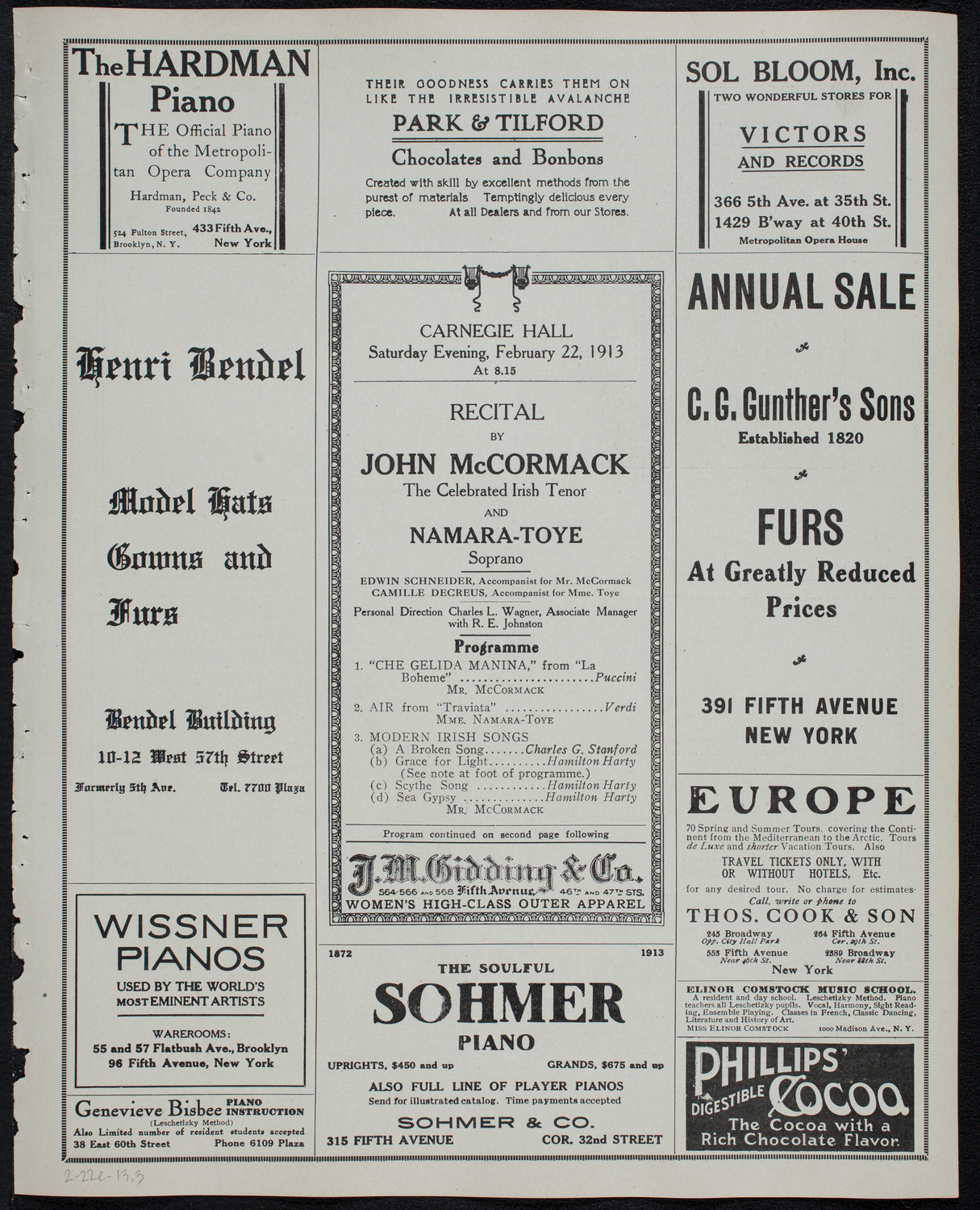 John McCormack, Tenor, with Marguerite Namara-Toye, Soprano, February 22, 1913, program page 5