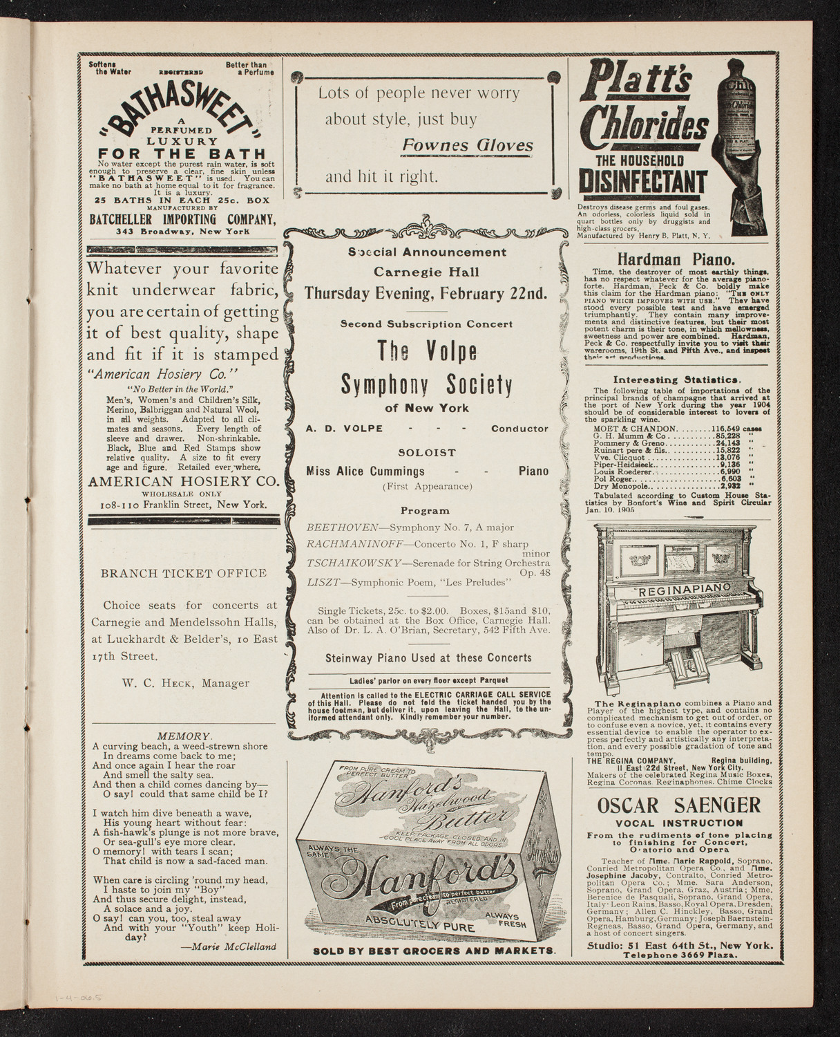 Volpe Symphony Society of New York, January 4, 1906, program page 9